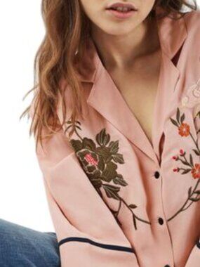 TOPSHOP BBWM Embroidery Kimono Sleeve Salmon Pink Sheer Chiffon Blouse Top, Sz L